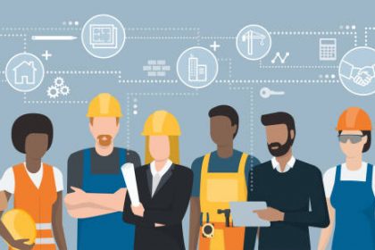 Construction workers and engineers team working together and network of concepts: architecture and real estate